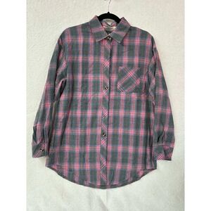 Size Small Lovesoft Womens Pink Grey Plaid Button Down Flannel Shirt Long Sleeve